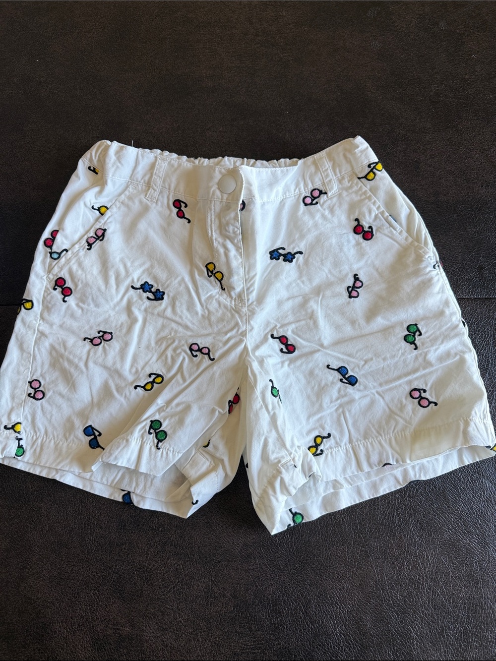 Kids Hanna Andersson White Poplin Shorts with Multicolor Sunglasses Embroidery